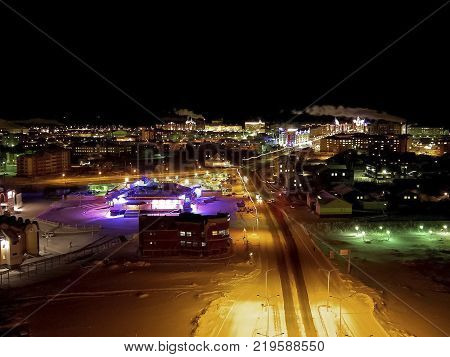 Night Salekhard. Night city in colorful lights. Salekhard is the capital of the Yamal-Nenets Autonomous District.