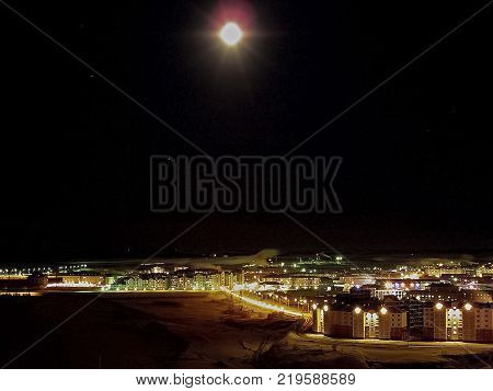 Night Salekhard. Night city in colorful lights. Salekhard is the capital of the Yamal-Nenets Autonomous District.