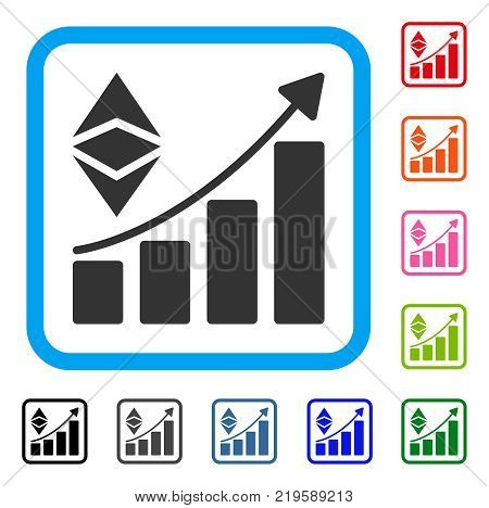 Classic Ethereum Growth Trend icon. Flat gray pictogram symbol in a blue rounded frame. Black, gray, green, blue, red, orange color additional versions of Classic Ethereum Growth Trend vector.