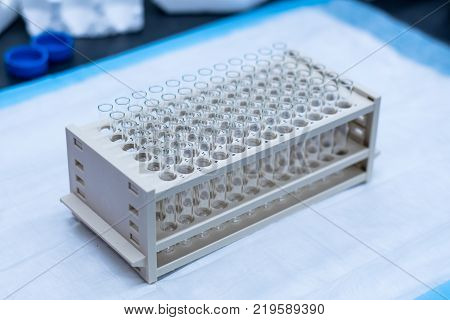 Chromatography fraction collection tubes on a rack in a lab.