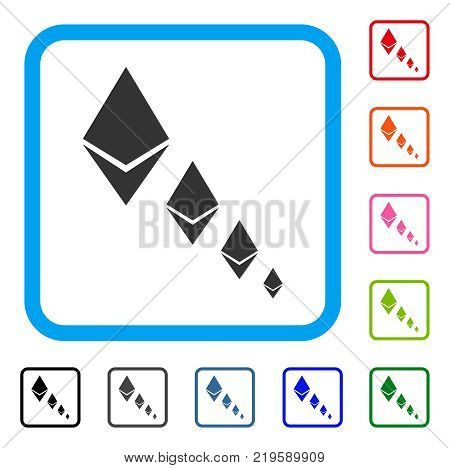 Ethereum Crystal Defaltion icon. Flat grey iconic symbol in a blue rounded rectangular frame. Black, gray, green, blue, red, orange color variants of Ethereum Crystal Defaltion vector.