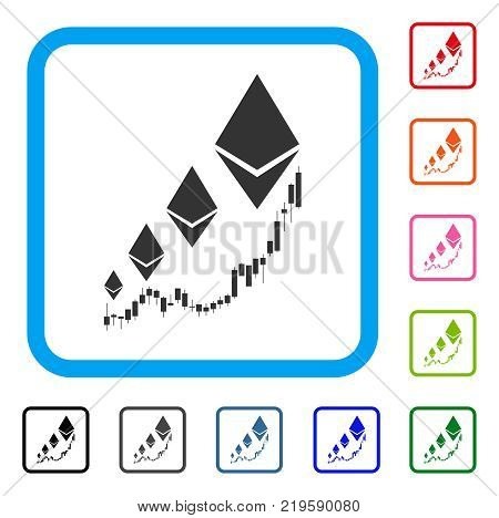 Ethereum Growth Chart icon. Flat gray iconic symbol in a blue rounded rectangular frame. Black, gray, green, blue, red, orange color variants of Ethereum Growth Chart vector.