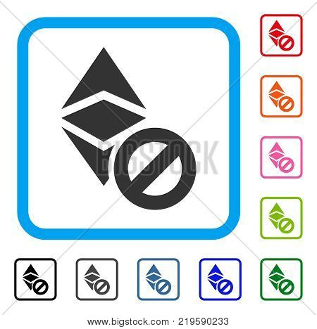 Forbidden Ethereum Classic icon. Flat grey pictogram symbol inside a blue rounded square. Black, gray, green, blue, red, orange color variants of Forbidden Ethereum Classic vector.