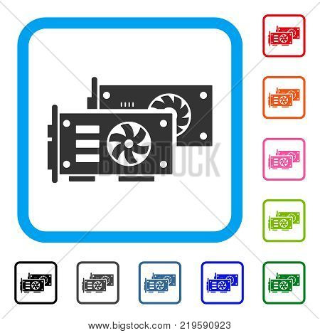 Video Graphics Gpu Cards icon. Flat gray pictogram symbol in a blue rounded rectangular frame. Black, gray, green, blue, red, orange color variants of Video Graphics Gpu Cards vector.
