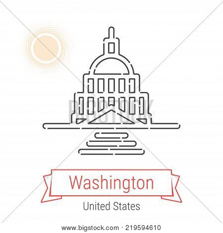 Washington, United States Vector Line Icon with Red Ribbon Isolated on White. Washington Landmark - Emblem - Print - Label - Symbol. United States Capitol Complex Pictogram. World Cities Collection.