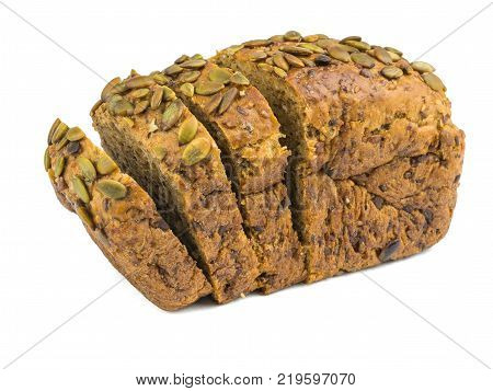 Freshly baked bread from wheat flour with sunflower seeds, pumpkin, sesame isolated on a white background. Baking for a healthy diet.