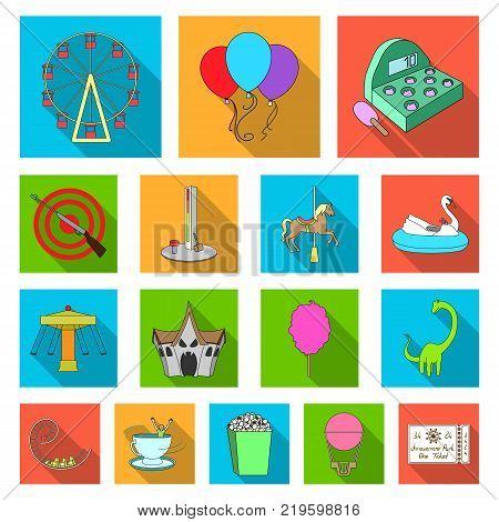 Amusement park flat icons in set collection for design. Equipment and attractions vector symbol stock  illustration.