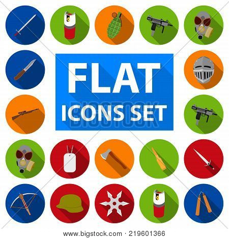 Types of weapons flat icons in set collection for design.Firearms and bladed weapons vector symbol stock  illustration.