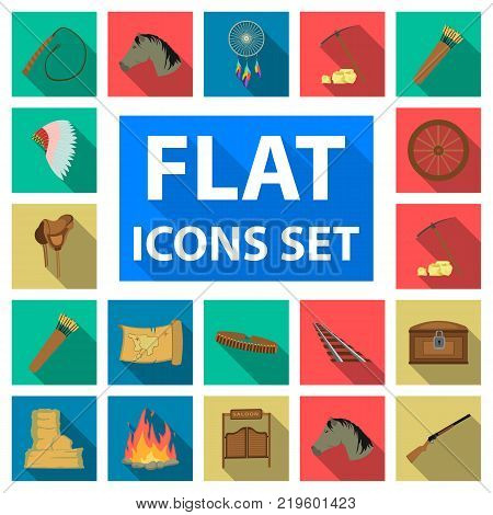 Attributes of the wild west flat icons in set collection for design.Texas and America vector symbol stock  illustration.