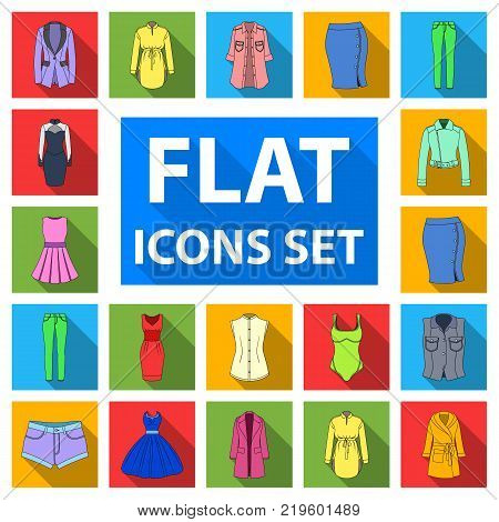 Women's Clothing flat icons in set collection for design.Clothing Varieties and Accessories vector symbol stock  illustration.