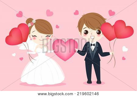cute cartoon wedding people smile happily on the pink background