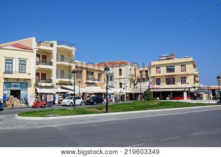 RETHYMNO, CRETE, SEPTEMBER 15, 2016 - Tourist shops along the Eleytheriou Venizelou promenade Rethymno Crete Greece Europe, September 15, 2016.