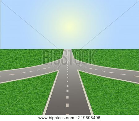 Illustration of empty highway with road junction. Road leading to horizon and sunlit sky. Vector is perfect to illustrate the travels, adventures, logistics, navigation, the choice places in life.