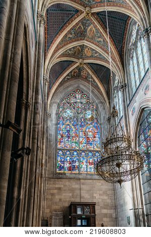 Vienna, Austria - August 16, 2017: Votivkirche, Votive Church in Vienna, interior view. The church was dedicated in 1879 on the silver anniversary of Emperor Franz Joseph and his wife Elisabeth