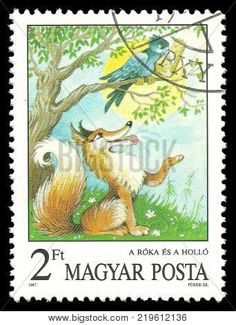 Hungary - circa 1987: Stamp printed by Hungary Color edition on topic of Fairy Tales shows The Fox and the Crow Aesop's Fables circa 1987