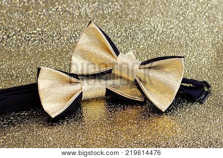 Two festive golden with a black bow tie on a gold background