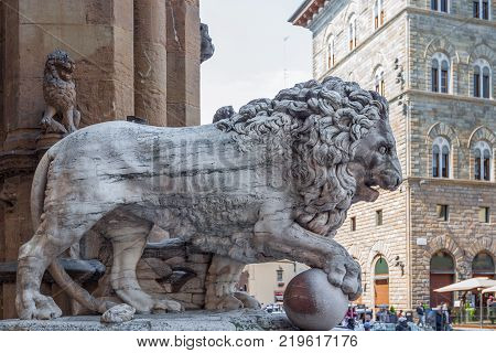 Medici Lion sculpture at Loggia dei Lanzi in Florence Italy