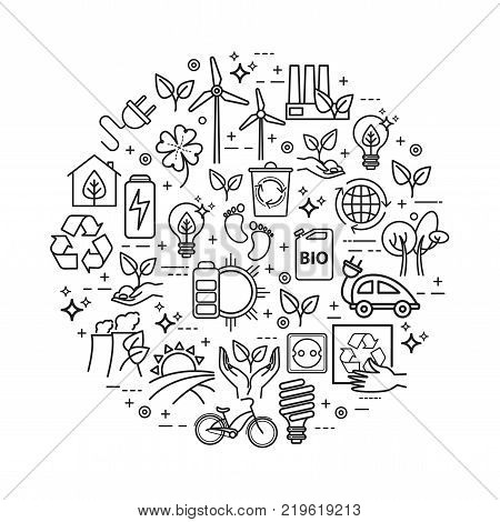 Ecology lifestyle, green energy, recycle. Vector icons set in linear style for your design