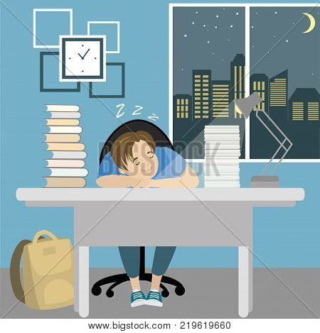 Tired teenager boy sleep at the table with books, cartoon vector illustration