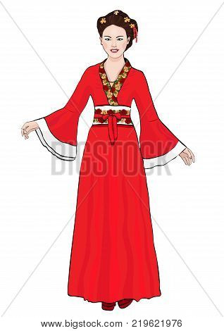 Girl in Chinese national costume standing front side, vector drawing cartoon portrait. Asian woman full-length in a red hanfu, in a traditional dress with floral ornament, isolated on white background