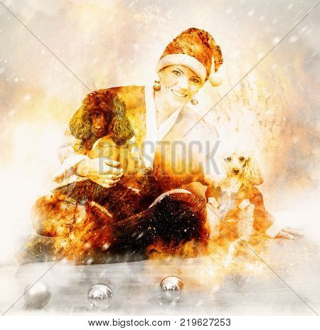 Cheerful young woman in christmas outfit accompanied by two sweet poodles in cosmic space