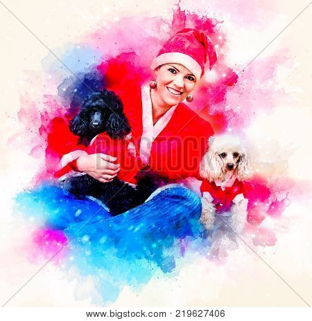Cheerful young woman in christmas outfit accompanied by two sweet poodles. Softly blurred watercolor background