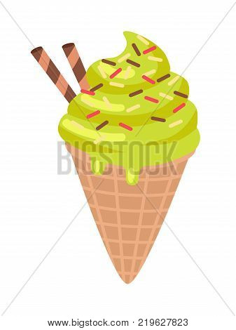 Ice cream with two candy sticks isolated on white. Lemon ice cream sticker. Green cream with caramels. Confectionery childish illustration in flat design. Restaurant menu for children vector