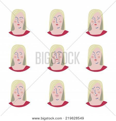 Set of female facial emotions. Woman emoji character with different expressions.