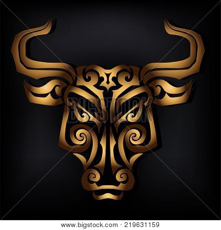 Golden bull head isolated on black background. Stylized Maori face tattoo. Golden bull mask. Golden Taurus. Vector illustration.