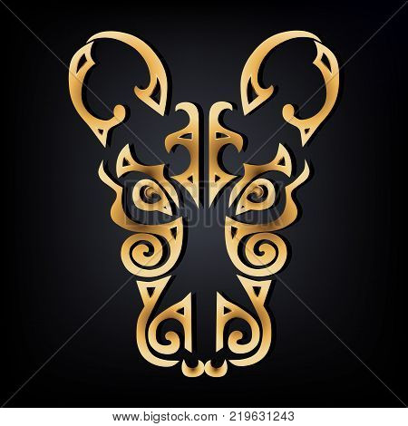 Golden Rat head logo isolated on black background. Stylized Maori face tattoo. Golden Rat mask. Symbol of Chinese Horoscope by years. Vector illustration.
