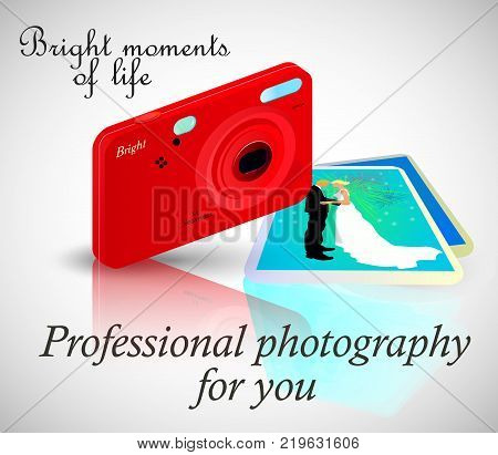The camera with pictures and reflection on a light background