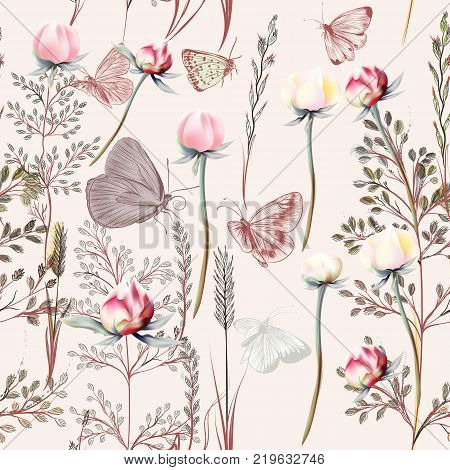 Flower vector pattern with plants. Vintage provance style