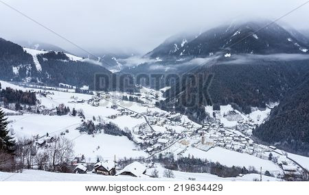 Top View On Snowy Village Luesen Valley South Tirol Italy