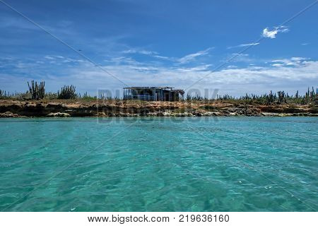 View of the coast of Cubagua island with rocks and tropical vegetation (Venezuela).