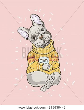 Postcard with a cute bulldog. Vector illustration.