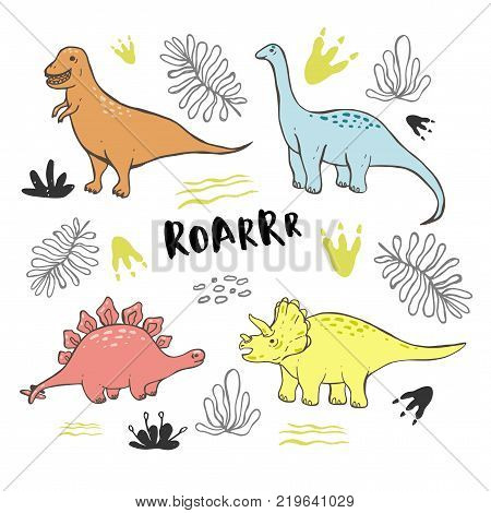 Vector collection of cute hand drawn dinosaurs including T-rex Pterodactyl Brachiosaurus and Triceratop isolated on white.