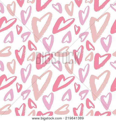 Hand drawn texture. Hearts brush strokes seamless pattern made with ink. Artistic fabric pattern. Valentine's day background