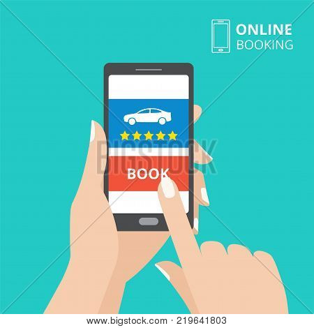 Hand holding smartphone with book button and car icon on screen. Design concept of online booking, car hire mobile application. Flat design vector illustration