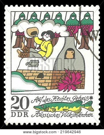Germany - circa 1973: Stamp printed by GDR Color edition on Russian Winter Fairy Tales shows scene of Fairy tale On the pike behest circa 1973