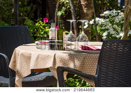 Served Table In Outdoor Cafe Pratdip, Tarragona, Spain. Close-up