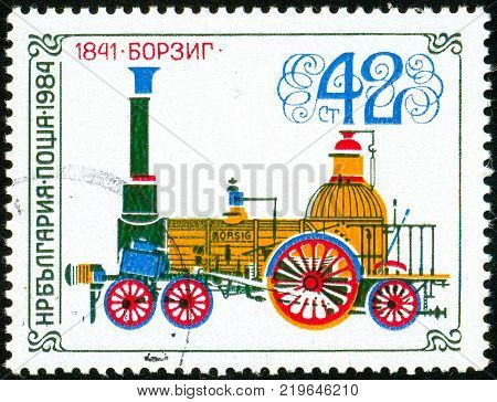 Ukraine - circa 2017: A postage stamp printed in Bulgaria shows drawing Locomotive Borsig 1841. Series: Old steam locomotives. Circa 1984.