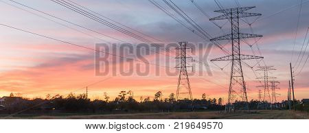 Industrial Background Group Silhouette Of Transmission Towers Sunset