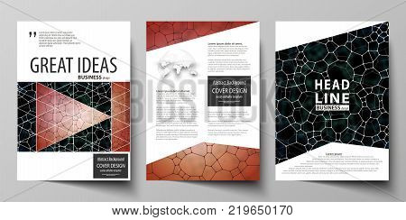Business templates for brochure, magazine, flyer, booklet or annual report. Cover design template, easy editable vector, abstract flat layout in A4 size. Chemistry pattern, molecular texture, polygonal molecule structure, cell. Medicine, science, microbio