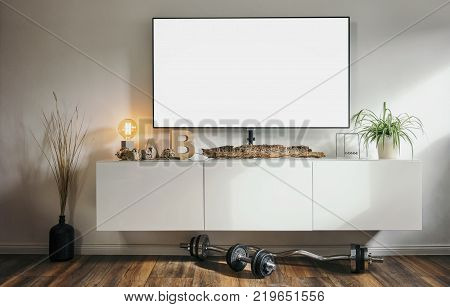View of a 4k Smart-TV in aliving room at home including copy space. ideal for websites and magazines layouts