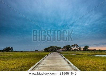 Wooden Boardwalk Through Marsh along North Carolina's intercoatal waterway