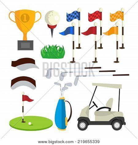 Golf Icons Set Vector. Golf Accessories. Cup, Flag, Grass, Cap, Stick Bag Car Isolated Flat Illustration