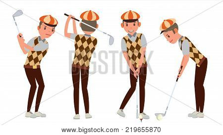 Golf Player Vector. Playing Golfer Male. Different Poses. Isolated Flat Cartoon Character Illustration