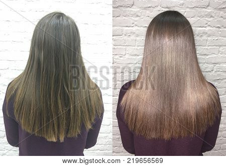 Silk, cut and healthy hair. Hair before and after treatment.