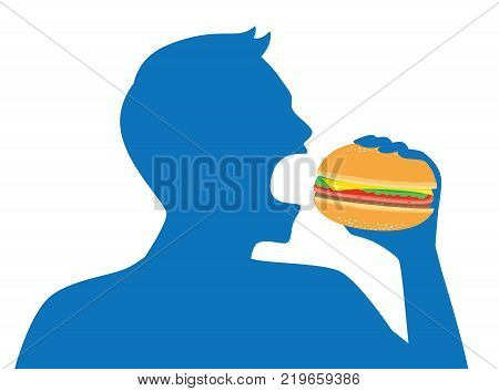 Silhouette of man open his mouth for eating a hamburger. Illustration about Americans fast food.