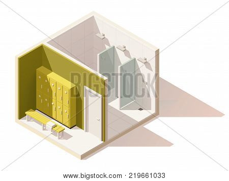 Vector isometric low poly gym locker room cutaway icon. Includes lockers and shower cabins